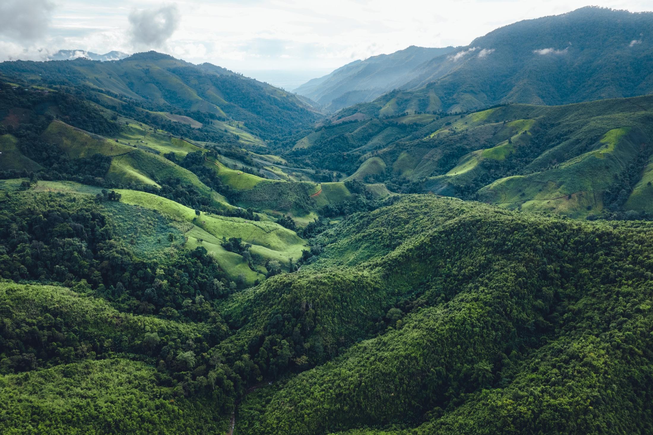 Aerial view of lush green mountain terrain, evocative of Colombia's emerald-producing highlands